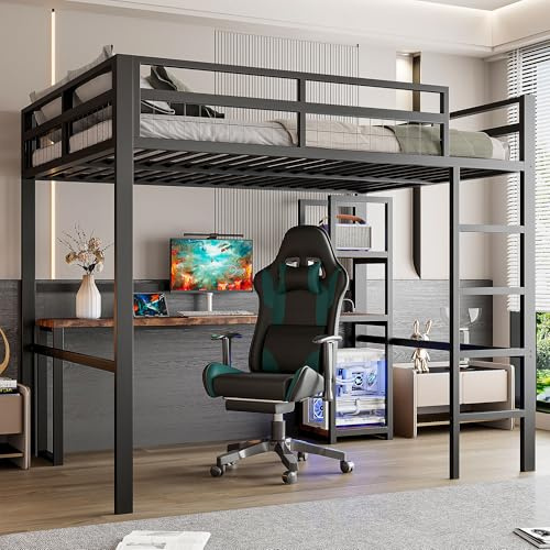 Merax Lit mezzanine en métal, 140 x 200 cm, avec bureau et plusieurs étagères, prise de courant, USB et Type-C - Cadre de lit avec sommier (sans matelas) pour enfants/adultes, Noir