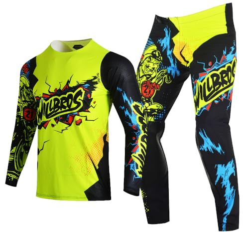 Willbros Ungdom jumpsuit och motocrossbyxor för tävling motorcykel enduro MX MTB BMX ATV pojke flicka, Neonsvart, Jersey YXL Pants 26