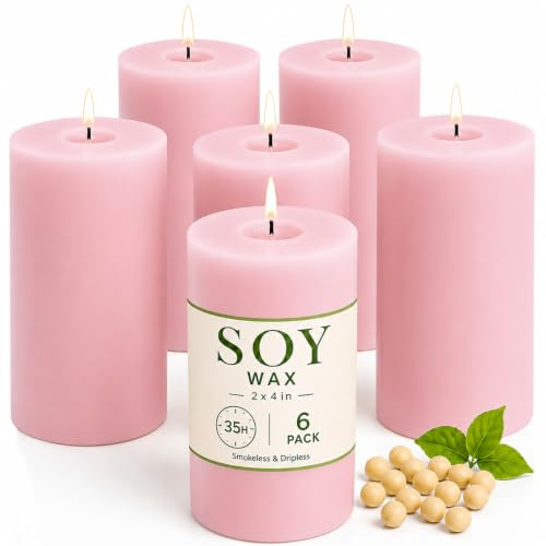 Lot de 6 bougies pilier de soja, 5,1 x 10,2 cm, bougies roses non parfumées pour décoration d'intérieur