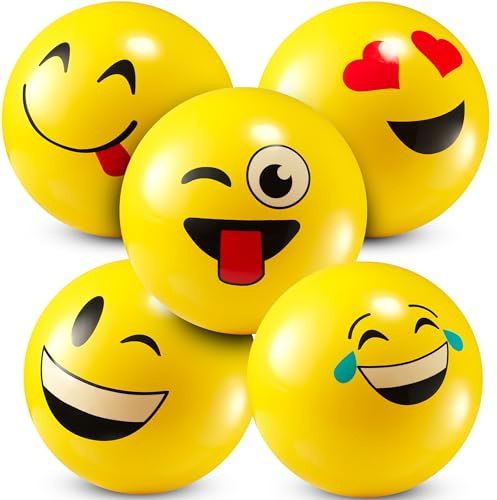 KiddieLoot 5-Inch Happy Face Bouncing Balls for Kids & Toddlers (Pack of 5) - Playground Balls w/ 5 Fun Designs - Lightweight Play Bouncy Ball Gifts for Boys & Girls