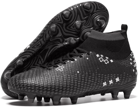 HORRSEYLLO Men's High Tops Soccer Cleats Lace Up Women Lightweight Professional Fooball Boots Athletic Rugby Shoes for Training Sneaker Black/White/Grey