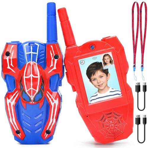 Video Walkie Talkies for Kids Toys Age 6 7 8 9 Year Old Boy Gifts: 2 Pack Spider Walkie Talkie Birthday Presents - Rechargeable & Voice Changer - Outdoor Boys Toys Age 6+ for Camping Garden