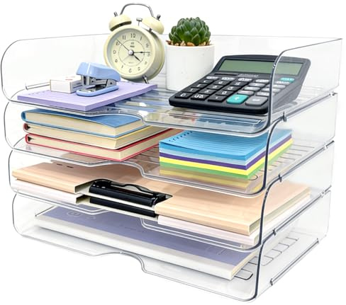 4 Pack Desk Organiser File Holder, Paper Letter Tray Organiser, Stackable Letter Tray for Desk, Transparent Document Organisers Trays for Magazines, Notes, A4 File Paper, Letters, Books
