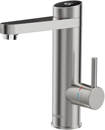 Briwellna Kran i rostfritt stål med 120° roterande utlopp, varmvattenkran tanklfri vattenvärmare 3,2 kW, elektrisk armatur badrum (silver)