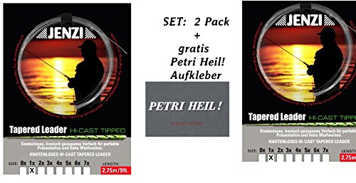 Set: 2 Pack Tapered Leader- Fliegenvorfach von Jenzi alle Größen + gratis Petri Heil! Aufkleber (Größe 5)