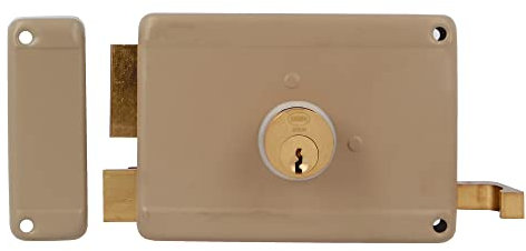 Amig - Serrure de Suspension Gauche avec Levier de Fermeture | Languette et Poignée pour Portes en Bois Mod. 78 | 120 x 85 mm | Loquet avec Cylindre Rond en Serrete | Acier Beige