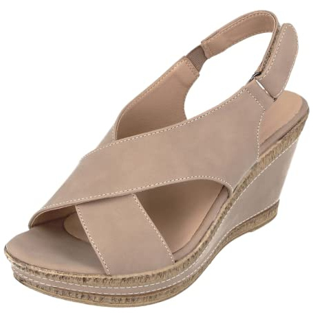 Cushion Walk Womens Cross Leather Lined Slingback Wedge Sandals, Mink, UK 4