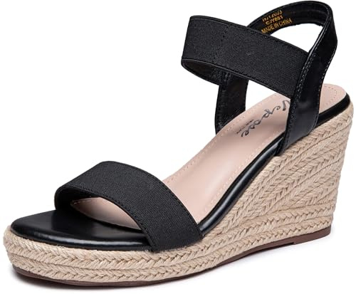 Vepose Women's Black Wedge Sandals, Platform Espadrilles Sandal Slip On Open Toe with Elastic Ankle Strap, Comfortable Low Heel Summer Dressy 881 Shoes Size 8 (CJY881 Black 08)