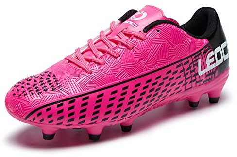 LEOCI Crampons de football pour homme et femme - Chaussures de football unisexes - Chaussures de rugby fermes, Rose rouge - noir, 9.5 US Women/8 US Men