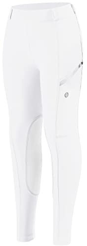 SANTINY Girls Horse Riding Pants with Zipper Pockets Kids Stretchy Equestrian Breeches Knee-Patch Youth Schooling Tights (White_M)