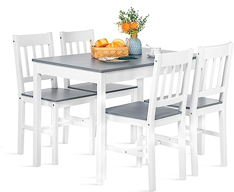 FURNITABLE Esstisch mit 4 Stühlen, Essgruppe Kiefer Holz für Esszimmer, Küche, Wohnzimmer, Grau und Weiß
