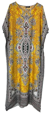 Kiran Fashion Ladies Cotton Kaftan Long Maxi Dress Dashiki African Print Summer Beach One Size (Yellow)