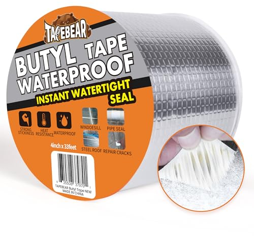TAPEBEAR 100mm x 10m Butyl Tape Waterproof Sealant Tape, Aluminum Foil Duct Sealing Tape for RV Roof Repair, Boat and Pipe Sealing, Silicone, Glass & EDPM Roof Leak Patching, Silver