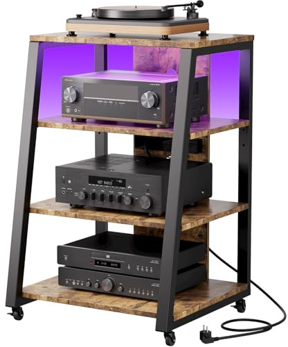 Lifewit HIFI Record Player Stand, 4-Tier AV Media Tower With Power Strips, Audio Rack With LED Lights, Wheels and Adjustable Shelves for Amp/Turntable/Sky Box/Printer, 100LBS, Rustic Brown