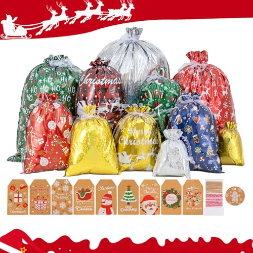 PABBEU 52Pcs Christmas Gifts Bags With Drawstring, Ribbon Ties, and Tags - Extra Large Gift Bags for Presents Wrapping - Xmas Assorted Sizes