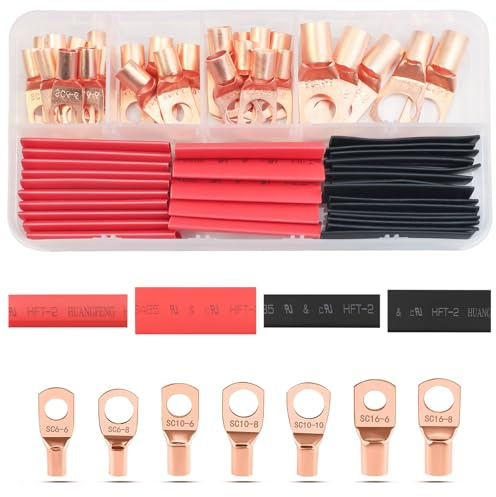 QINGHEC 60 Pcs Ring Crimps Terminals Connectors, Copper Ring Terminals, Cable End Lugs, Copper Ring Lug Terminals, Ring Terminals with Heat Shrink Tubing for Automotive Car Motorcycle Boats