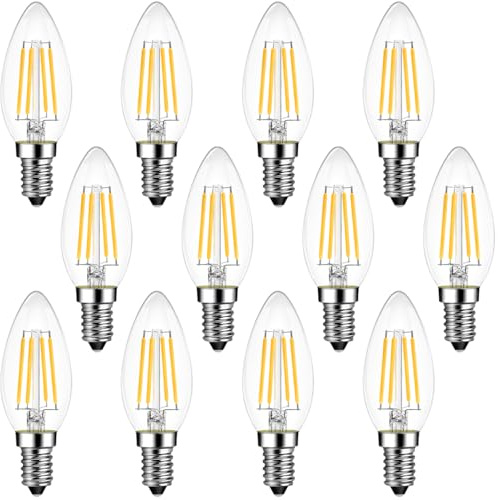 ANWIO E14 Vela LED Para Lámparas de Araña,4W, Sustituye a una Bombilla Incandescente de 40W, 470 Lúmenes, Blanco Cálido 2700K, Bombilla de Filamento, Cristal, No Regulable (Paquete de 12).