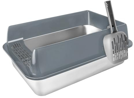 OHMG - Bandeja de cama de acero inoxidable para gatos con pala, limpieza fácil, metal para casa de inodoro, bordes extraíbles, antifugas, para gatos adultos, gatitos, conejos, sin BPA, apertura en la