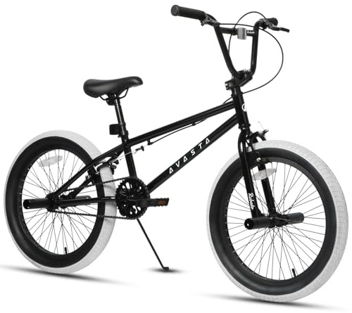 AVASTA 20 Pulgadas Freestyle niños BMX Bicicleta para 6 7 8 9 10 11 12 13 14 años niños niñas jóvenes Adultos y Pilotos de Nivel Principiante con 4 Peg, Negro con neumáticos Grises