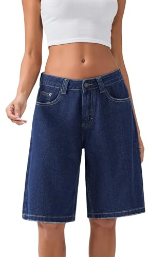 LYSINK Short d'été décontracté pour femme - Jambe large - Longueur genou - Taille basse - Bermuda en jean, 06 Bleu foncé, M