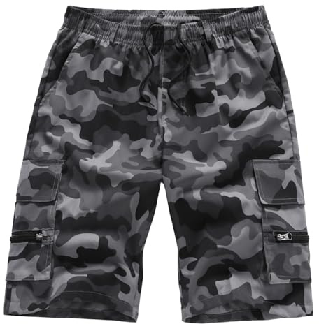 YOUTHUP Shorts Cargo Hombre Verano Pantalón Corto Deportivo Elástico Transpirable 4 Bolsillos Multifunción, Gris Camuflaje, XXL