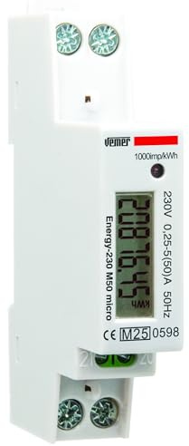 VEMER VE798900 ENERGY 230 M50 MICRO – Contatore Energia Elettrica Monofase da Barra DIN 1 Modulo, Misuratore Consumo Elettrico MID, Corrente Massima Misurabile 50A, Alimentazione 230V, Bianco