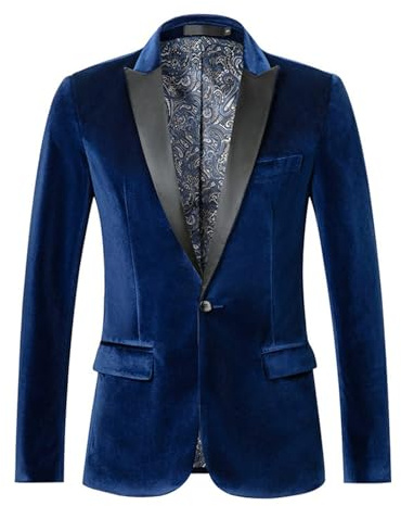 Gefomuofe Cord Blazer Men's Slim Fit Jacket with 1 Button Plain Velvet Jacket for Wedding Dinner Classic Leisure Suit Business Jacket, blue, M