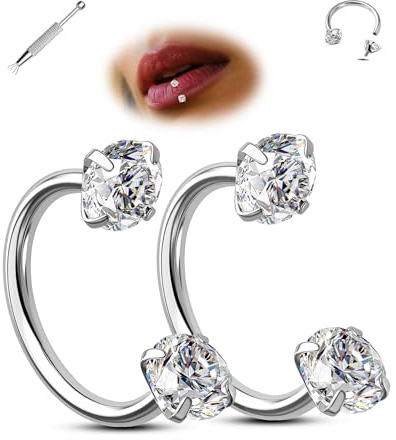 Jewseen 2PCS Horseshoe Nose Ring Hoop 16G 316L Surgical Steel Lip Piercing Jewelry Double Cubic Zirconia Horseshoe Earring Internally Threaded Helix/Daith/Tragus/Septum Piercing Jewelry for Women
