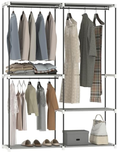 HOMCOM Armario de Ropa Perchero Burro con Barras 142x43x185 cm Gris Claro | Armario Abierto, 4 Estantes de Tela, Marco de Metal, para Dormitorio, Salón, Vestidor