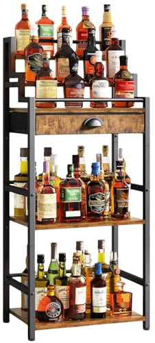IBUYKE Stufen Weinregal, Freistehend, Weinschrank mit Schublade und Ausstellungsregal für Whisky, Trapezförmiges Flaschenhalter für Bar, Wohnzimmer, Esszimmer, Braun TMJ915H