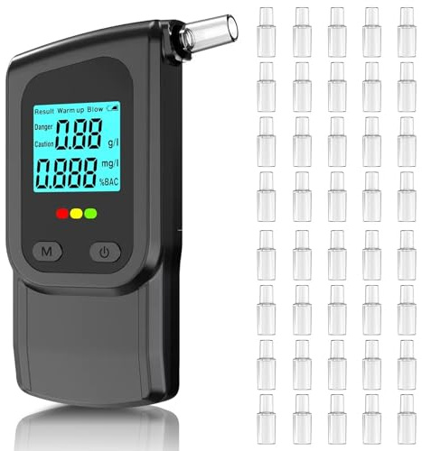 Alcoholímetro con 2 sensores, medidor de promil con 40 boquillas, alcoholímetro con pantalla LCD digital, probador de alcohol de aliento profesional, alcoholímetro para casa