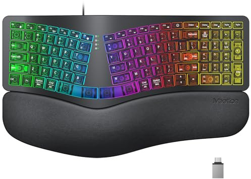 MEETION Ergonomic Keyboard Wired, 7 Colors Transparent Backlit, 4 Brightness, 1 RGB Breathing Backlit, Comfortable Wrist Rest Cushion, USB-A/USB-C Adapter Ergo Keyboard for Windows Mac Computer Laptop