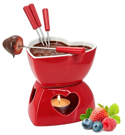 Chokladfonduekoppset, hjärtformade ostfondue-set, keramisk smörvärmare set, röd keramisk smält kopp set med 4 gafflar, diskmaskinssäker fonduemugg, för ostkaramell (röd)