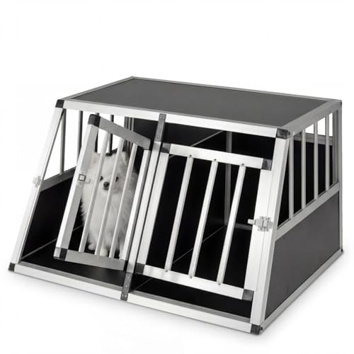 GYMAX Trasportino per Cani Auto, Gabbia per Cani in Lega di Alluminio Con 2 Divisori Rimovibili e Doppie Porte con Serratura, Angolo Apertura di 100°, per Viaggio Veterinario 89 x 69 x 50,5 cm