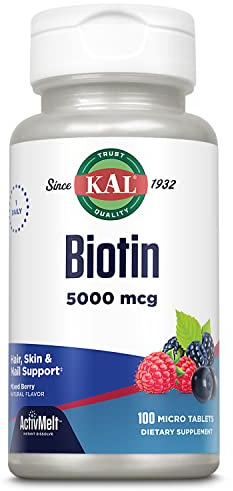 KAL Biotin 5000mcg ActivMelt, Healthy Hair Skin & Nails Vitamins for Women and Men, Fast Acting Supplement Designed for High Absorption, Vegetarian, GMP Facility, 100 Servings, 100 Micro Tablets