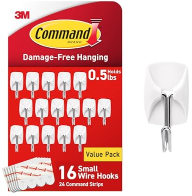 Command Small Wire Toggle Hooks, 16 Hooks and 24 Strips, Damage-Free Hanging Wall Hook with Adhesive, No Tools Required, Great for Home, Kitchen, and Office Organization, Holds up to 0.5 lb