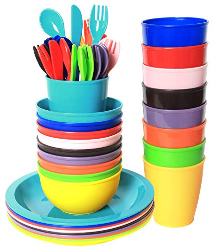 Youngever 54 pcs Plastic Kids Tableware, Re-usable Toddler Dinnerware Set, Dining Set, Cups, Kids Plates, Kids Bowls, Flatware Set, Kids Dishes Set (Rainbow)