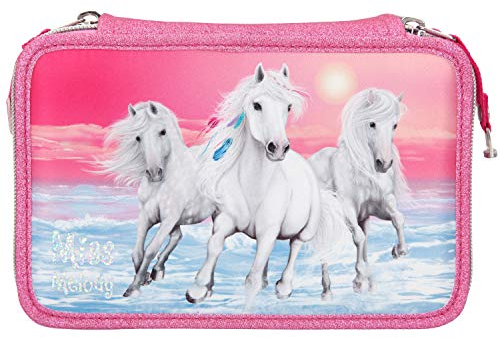 Depesche 10110 Miss Melody - Gefüllte 3-fach Federtasche mit Pferde-Motiv, Federmappe ca. 7,5 x 13 x 20 cm groß, mit Filz- und Buntstiften, Lineal, Schere, Kleber, uvm.
