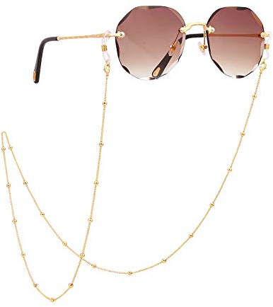 PEARLADA 18K Gold Plated Eyeglass Chain Sunglasses Strap Holder Reading Glasses Retainer Gold Plated Beaded Chain String Cord Lanyard (A. Satellite Bead)