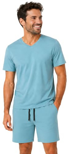Light & Shade Pyjama Homme Coton – Ensemble Nuit avec Short et T Shirt, Vêtement Léger Respirant Été avec Poches Loungewear Confortable (Bleu, L)