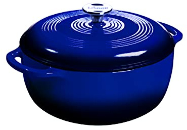 Lodge 3 Quart Enameled Cast Iron Dutch Oven with Lid – Dual Handles – Oven Safe up to 500° F or on Stovetop - Use to Marinate, Cook, Bake, Refrigerate and Serve – Indigo