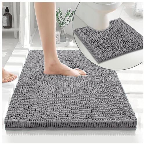GC GAVENO CAVAILIA Soft Bath Mat Sets For Bathroom | 2 Piece Bath Mat Non Slip Back | Highly Water Absorbent & Fast Drying 100% Microfiber Chenille Toilet Rug with Pedestal Mat | Silver