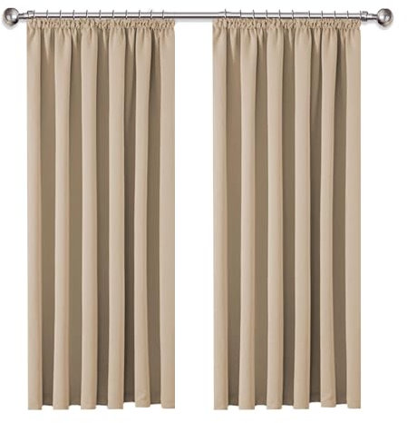 AMEHA Blackout Curtains for Bedroom - Pencil Pleat Cream Curtains Living Room Window Treatments Soft Thermal Curtain & Drapes 66 x 54 Drop Inch, 2 Panels with Tiebacks