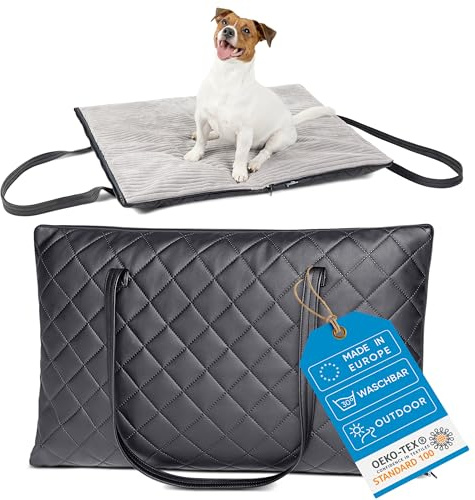 FREUDENTIER Faltbare Outdoor Hundematte | Gestepptes Kunstleder mit Cord Liegefläche | Waschbar, Wasser- und Schmutzabweisend | Hundedecke für unterwegs, Made in EU (75x60cm Liegefläche)