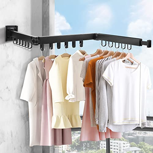 SWAWIS Wäscheständer Wandmontage Kleiderstange 120cm Ausziehbar Klappbar Wäscheständer Kleiderstange Wand mit 18 Haken für Balkon, Wäsche, Badezimmer, Schlafzimmer, DREI Falten