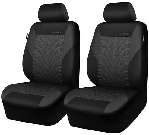 CAR PASS Emboss Tyre Front Seat Covers, Universal Fit Elastic Breath Premium Cloth seat Covers Front Seats only for Truck SUV Sedan, Airbag Compatible, Charcoal on Black