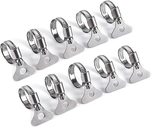 QINALO 10-Pack 304 Stainless Steel Hose Clamps with Adjustable Thumb Screw, Key-Type Design, 8mm Bandwidth, Ideal for Plumbing, Automotive, and Machinery Applications (Size:10-16mm(3/8-5/8)