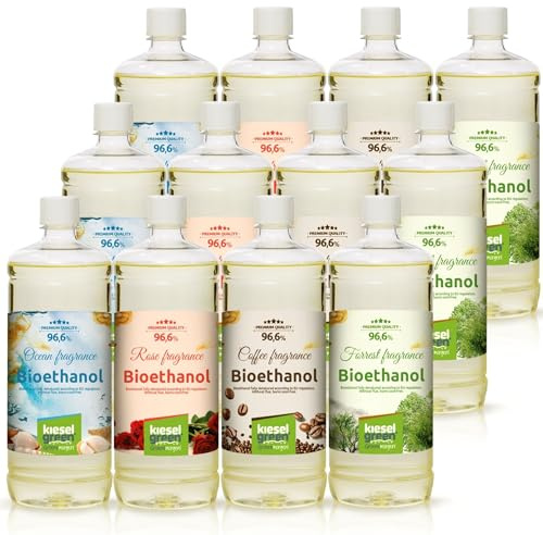 KieselGreen Bioetanol 12 x 1 Liter med Doft 3x Hav, Rosor, Kaffe, Skog