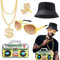 Hip Hop Kostüm Set, 80er 90er Jahre Outfit Herren Hip Hop Rapper Accessories, 5 Stück Hip Hop Punk Kostüm Set, Goldene Dollar Kette Brille Ring Aufblasbare Radio Fischermütze, 80er 90er Rapper Outfits