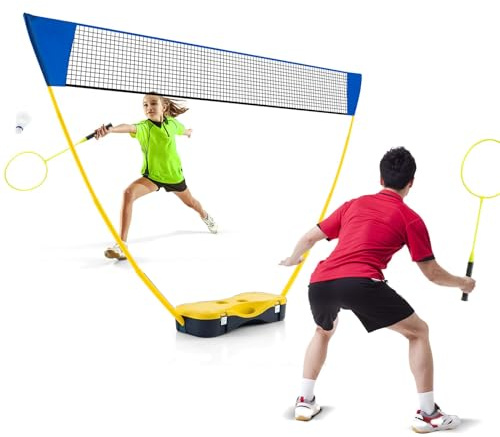 LIFEZEAL Juego completos de bádminton portátil, Soporte de Red de bádminton con Base Independiente, Equipo de práctica de bádminton con 2 Raquetas, 2 Volantes, Red y Caja de Almacenamiento (Amarillo)